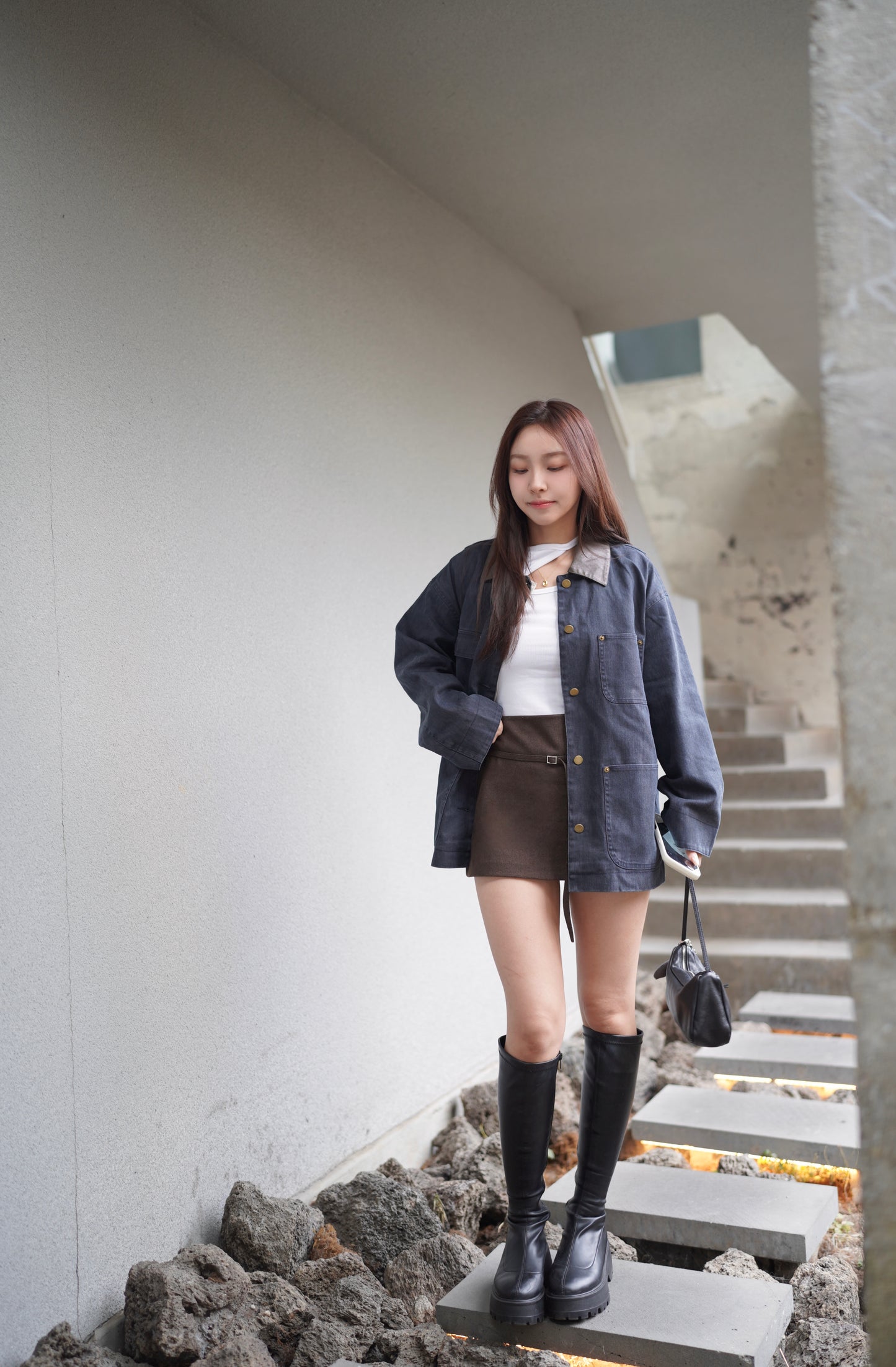 韓系連腰帶中高腰短裙