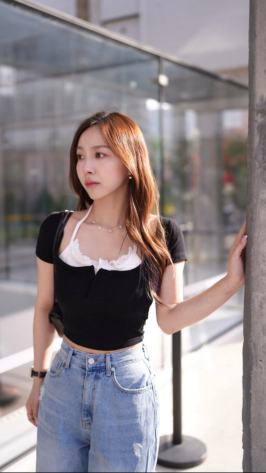 小心機蕾絲假兩件上衣