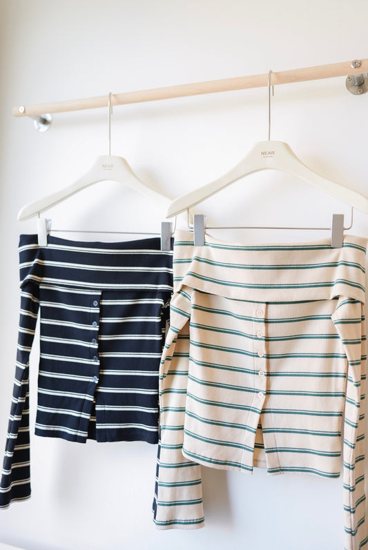 橫間修腰一字肩上衣